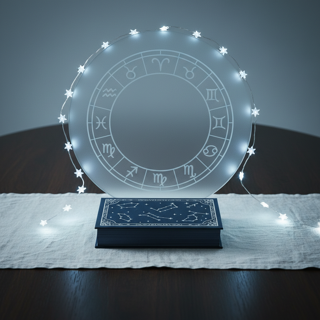 A minimalist altar-like arrangement featuring a closed navy-blue tarot deck with silver constellation patterns, resting on a pale linen cloth atop a dark wooden table. Behind it, a circular frosted-glass panel etched with the twelve zodiac signs is gently illuminated from behind, giving a halo-like, celestial glow. A thin line of starlike LED lights arcs subtly around the scene. Lighting is soft and cool, reminiscent of twilight, with delicate reflections on the glass and deck edges. Photographic realism with a clean, modern aesthetic, shot at eye level with symmetric framing. The mood is serene and sophisticated, evoking a sense of quiet readiness for introspective readings and refined spiritual practice.