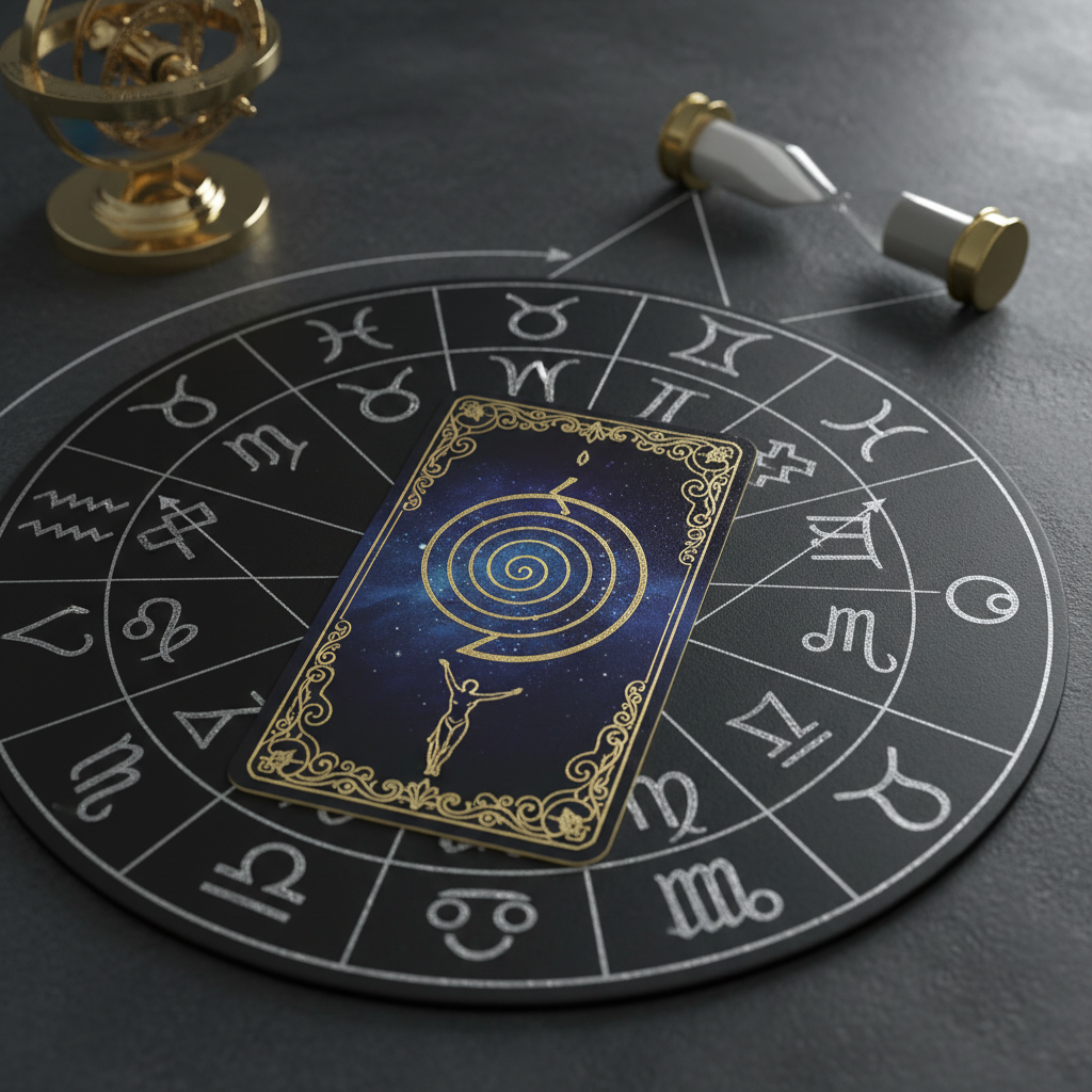 A single ornate tarot card depicting a stylized constellation, placed at the center of a matte-black circular zodiac chart engraved with silver glyphs, all resting on a smooth charcoal stone tabletop. Fine lines of chalk trace delicate geometric aspects between signs, intersecting with the card. A slender, sand-filled hourglass and an antique brass astrolabe sit in the mid-ground, softly out of focus. Cool, directional side lighting creates refined contrast, catching engraved edges and casting crisp, sophisticated shadows. The photographic image is composed using the rule of thirds, with a calm, intentional atmosphere that feels like a private observatory for inner work, emphasizing clarity, structure, and elevated, modern mysticism.