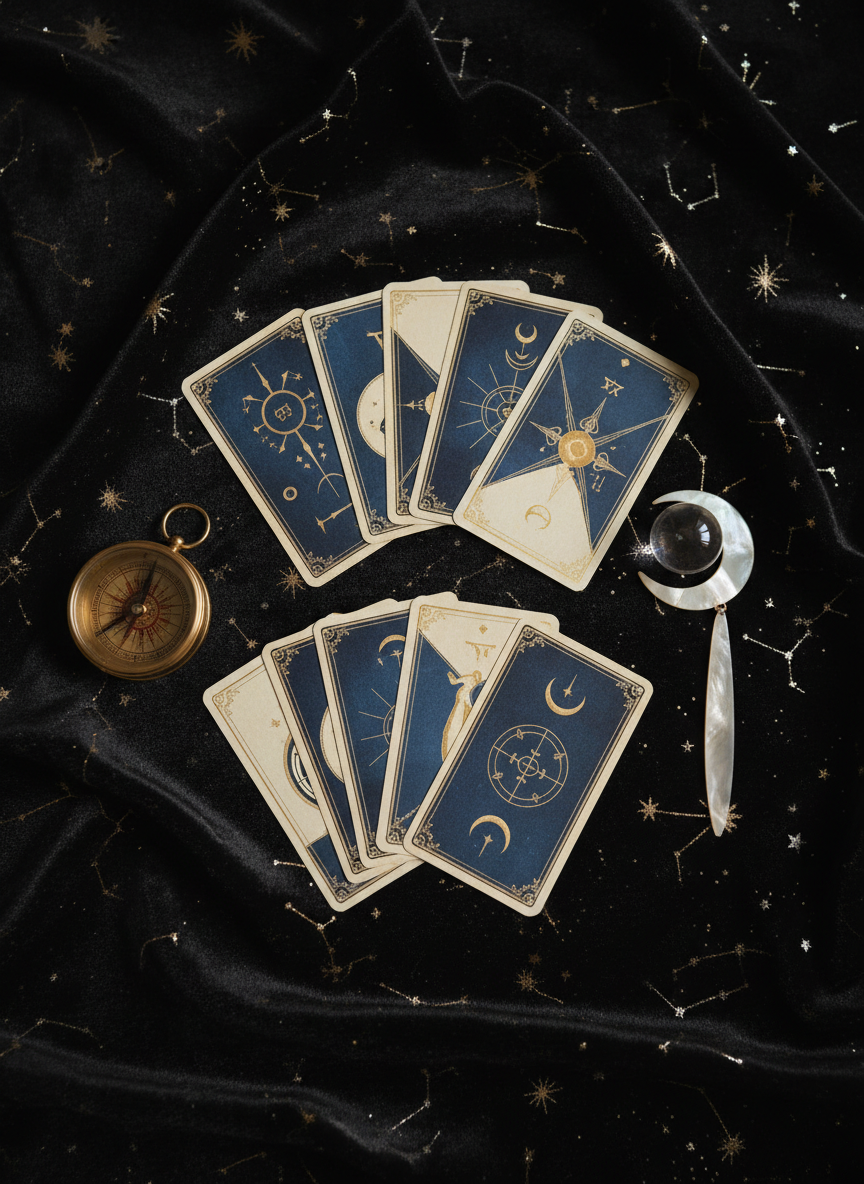 A meticulously arranged spread of tarot cards in deep indigo, muted gold, and soft ivory tones, fanned across a dark velvet cloth patterned with faint constellations. A brushed brass compass, a slim crescent-moon bookmark, and a small crystal sphere rest nearby, suggesting celestial navigation and introspection. Soft, diffused evening light falls from the left, like moonlight through a high window, creating gentle highlights on metallic card foiling and subtle shadows in the velvet folds. Photographic realism with a sophisticated, minimal composition shot from a slightly elevated angle, shallow depth of field keeping the central cards in crisp focus while the background dissolves into a velvety, star-speckled blur, evoking a calm, contemplative mood of cosmic guidance and self-discovery.