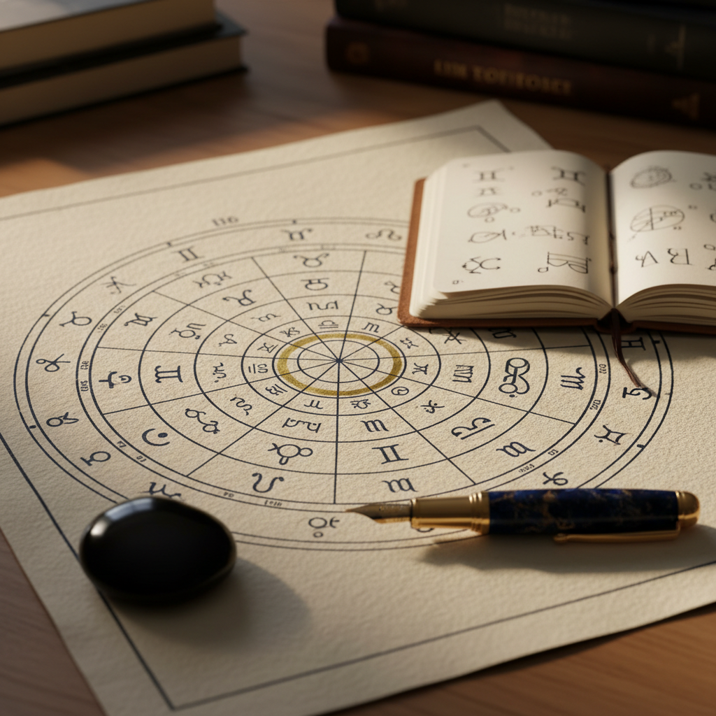 A detailed close-up of an astrological birth chart printed on thick, textured ivory paper, its intricate radial lines and tiny glyphs rendered in deep navy and muted gold. A fountain pen with a marbled dark-blue barrel rests along the chart’s edge, near a small, open notebook filled with neat, abstract annotations. A polished obsidian stone paperweight anchors the chart. Warm, diffused desk-lamp lighting pools softly across the paper, accentuating its texture and casting gentle shadows from the pen and stone. Photographic realism, captured from a slightly angled overhead perspective with shallow depth of field, keeps the central chart in sharp focus while the notebook and background taper into a soft blur, producing a studious, contemplative, and quietly luxurious atmosphere.