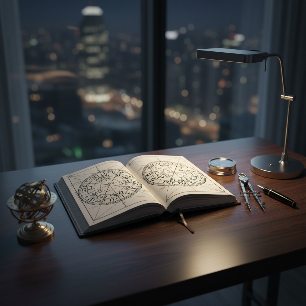 A sleek, dark wooden desk with a high-end, leather-bound astrology journal open to a natal chart, its circular glyphs and fine ink lines meticulously rendered. A precision metal compass and a black fountain pen rest beside the chart, while a small brass astrolabe anchors the corner. The background reveals a large window showing a faint, out-of-focus city skyline at night. Cool, dim ambient light mixes with the glow of a single desk lamp, casting controlled pools of illumination and long, elegant shadows. Photographic realism, eye-level composition, and a moderate depth of field keep the focus on the tools, conveying a sense of confidential, expert astrological analysis.