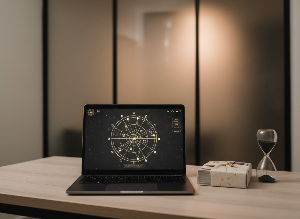 A refined workspace scene featuring a matte black laptop displaying a softly glowing astrological birth chart interface, set on a pale ash-wood desk. Beside it rests a neatly stacked set of tarot cards in a linen-wrapped box embossed with a subtle constellation motif, and a minimalist sand timer with fine black sand. In the background, a frosted glass partition suggests a private consultation room, its edges catching warm, indirect studio lighting. The overall palette combines charcoal, ivory, and muted gold accents. Shot at a slightly elevated angle with moderate depth of field, the image feels modern, discreet, and highly professional, aligned with premium intuitive and parental astrology services in photographic realism.