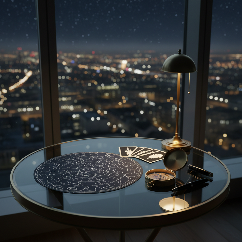 An elegant close-up of a circular glass table positioned near a large window at night, its surface reflecting a detailed star chart printed on fine navy paper with silver constellations. A small spread of minimalist, monochrome tarot cards lies beside a finely crafted brass compass and a slim fountain pen. Beyond the glass, a softly blurred city skyline glows with distant lights under a clear, star-filled sky. Cool, ambient moonlight and a single warm table lamp create a balanced, sophisticated contrast, highlighting crisp edges and subtle textures. Photographic realism with an eye-level, slightly angled composition, emphasizing privacy, introspection, and professional astrological guidance.