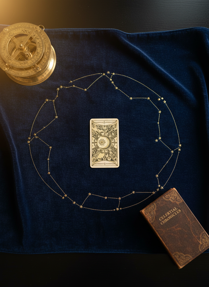 A sophisticated flat lay of a dark, midnight-blue velvet tarot cloth spread across a polished black wooden table, with a single, intricately illustrated tarot card placed at the center, face down. Around it, a thin gold-wire constellation pattern is delicately traced on the cloth, subtly catching the light. A brass astrolabe and a slim, leather-bound astrology ephemeris rest at the edges of the frame, slightly out of focus. Soft, diffused golden-hour light falls from the left, creating gentle highlights on metallic surfaces and deep, luxurious shadows in the velvet folds. Photographic realism, shot from a bird’s-eye view with a shallow depth of field, evoking a discreet, private, and refined atmosphere suitable for an intuitive consultation brand.